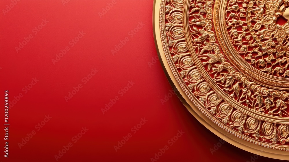 Fototapeta premium Golden Ornate Circular Design on Red Background