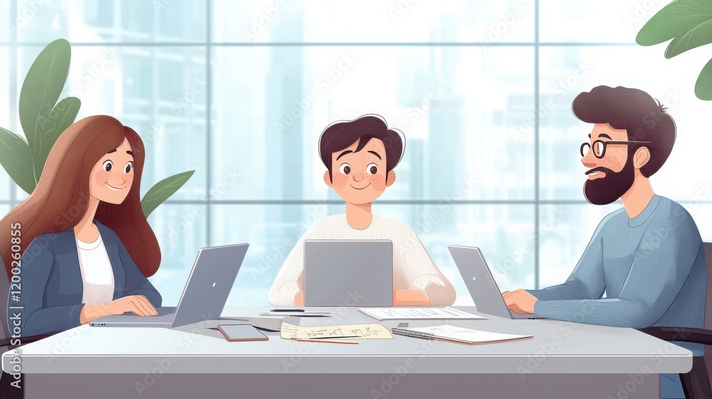 A group of freelancers collaborating at a modern co-working space, with laptops A group of freelancers collaborating at a modern co-working space, with laptops