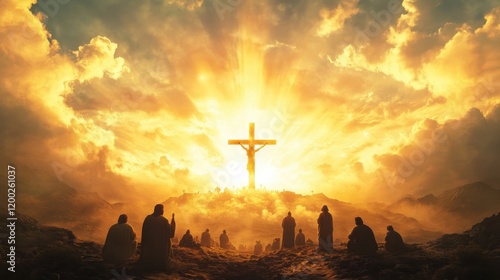 Jesus and his disciples kneeling in front of the cross, looking up at Jesus in heaven with clouds and bright light shining down