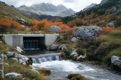 Harnessing nature's energy with micro-hydro power in majestic mountain landscape photo