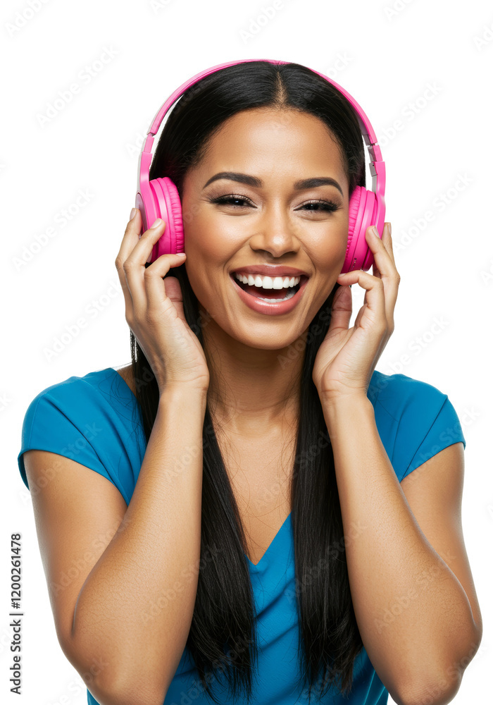 A woman wearing headphones and enjoying music with a joyful smile, isolated on a transparent background PNG A woman wearing headphones and enjoying music with a joyful smile, isolated on a transparent background PNG