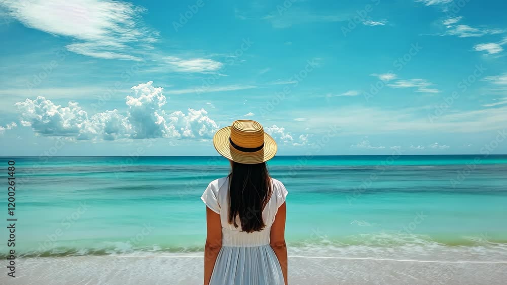 Woman enjoying summer at the beach with blue water and clear skies, a woman on the beach in summer, blue water sea and white sand video in background Woman enjoying summer at the beach with blue water and clear skies, a woman on the beach in summer, blue water sea and white sand video in background