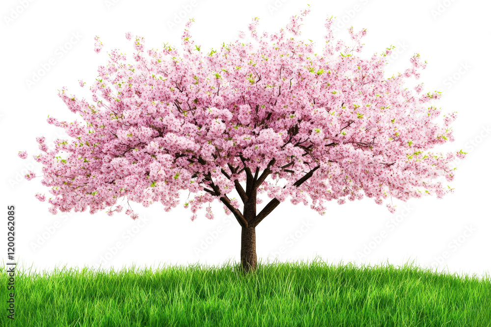 Obraz premium Beautiful cherry blossom tree blooming in a green meadow during springtime isolated on transparent background