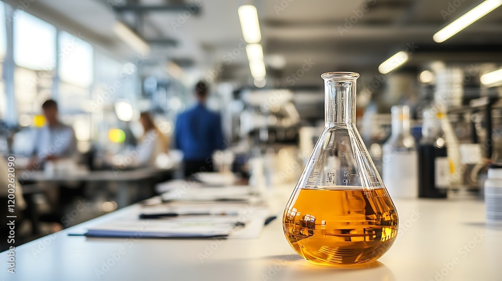 In the laboratory of a chemical factory, a chemical flask sits on a table, ready for use in conducting research and testing new industrial products. In the laboratory of a chemical factory, a chemical flask sits on a table, ready for use in conducting research and testing new industrial products.