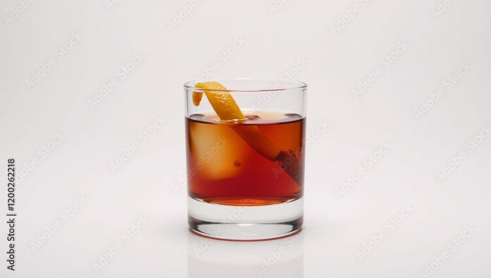 Close-up front-on image of Boulevardier cocktail in lowball glass against a clean white backdrop Close-up front-on image of Boulevardier cocktail in lowball glass against a clean white backdrop