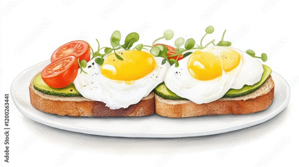 a plate of avocado toast topped with poached eggs, cherry tomatoes, and microgreens a plate of avocado toast topped with poached eggs, cherry tomatoes, and microgreens