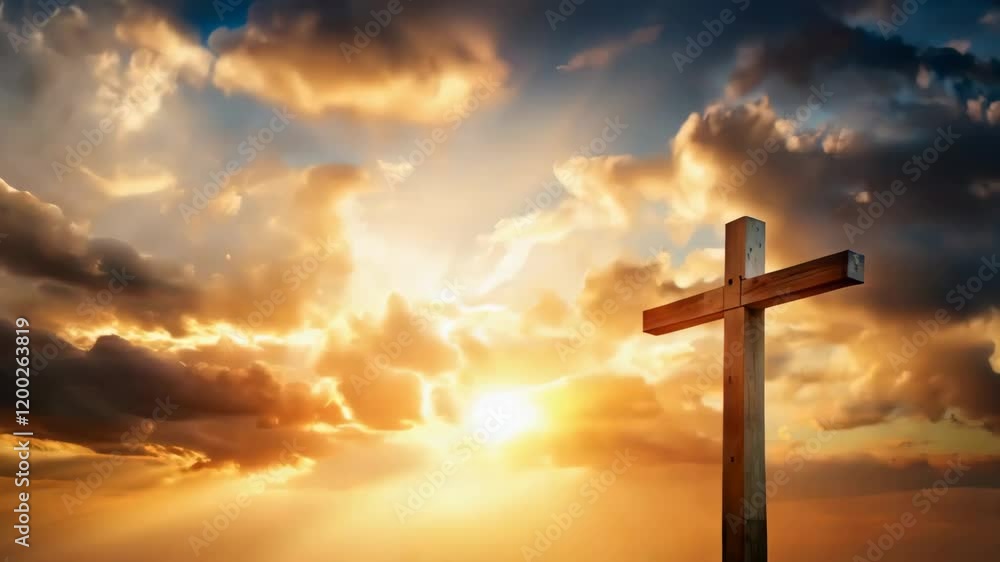 A powerful symbolic scene featuring a solitary cross on Golgotha, set against a dramatic sky with thunderclouds and radiant sun rays breaking through. A powerful symbolic scene featuring a solitary cross on Golgotha, set against a dramatic sky with thunderclouds and radiant sun rays breaking through.