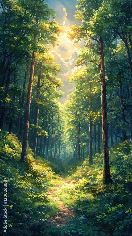 Fototapeta premium Sun-drenched forest path invites exploration. Light filters through lush canopy. Ideal for nature lovers seeking tranquility. Use for backgrounds, posters, or nature-themed designs.