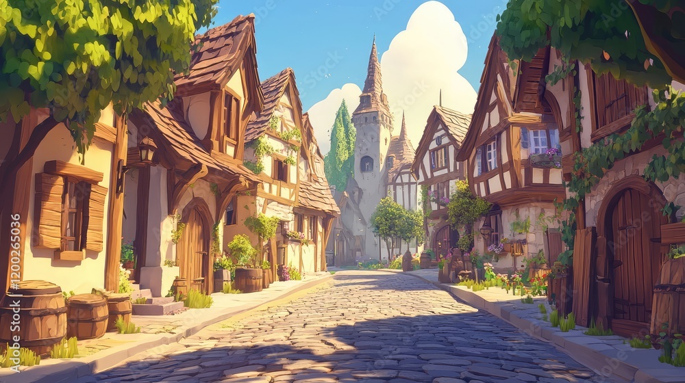 Fototapeta premium Medieval street with timber-framed houses, cobblestone paths, and a distant tower under sunlight. Ideal for fantasy art, games, and storytelling visuals
