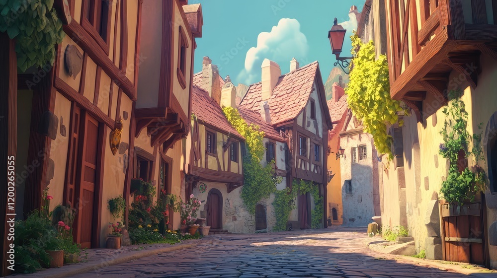 Fototapeta premium A tranquil medieval street adorned with timber-framed houses, vibrant flowers, and warm sunlight. Perfect for creative projects, storytelling, and historical settings