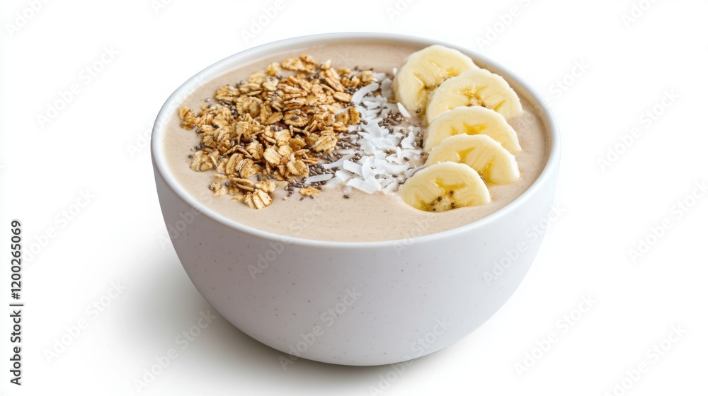 a smoothie bowl topped with granola, banana slices, coconut flakes, and chia seeds a smoothie bowl topped with granola, banana slices, coconut flakes, and chia seeds