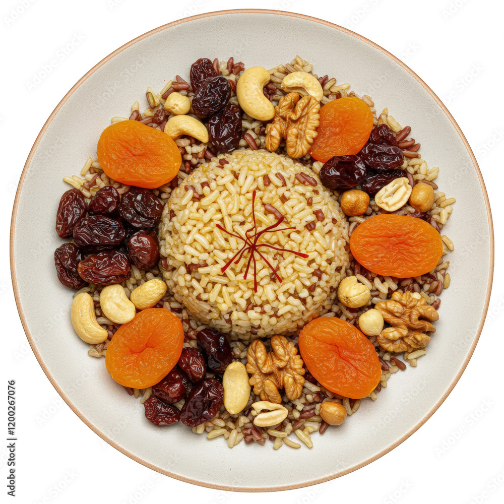 Fototapeta premium Persian Rice Salad on a plate: brown rice, dried fruits, nuts, saffron dressing