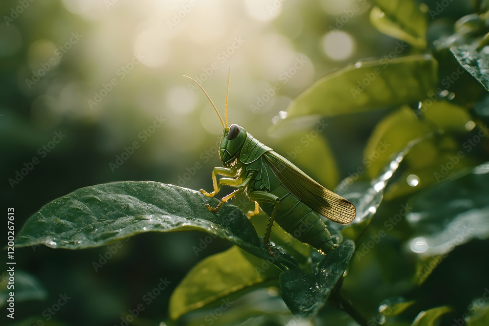 Grasshopper perched on a green leaf, eating in a natural habitat Grasshopper perched on a green leaf, eating in a natural habitat