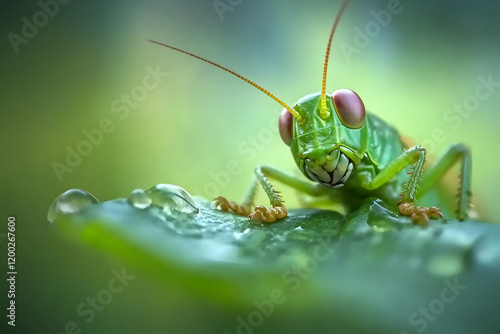 Grasshopper perched on a green leaf, eating in a natural habitat  photo