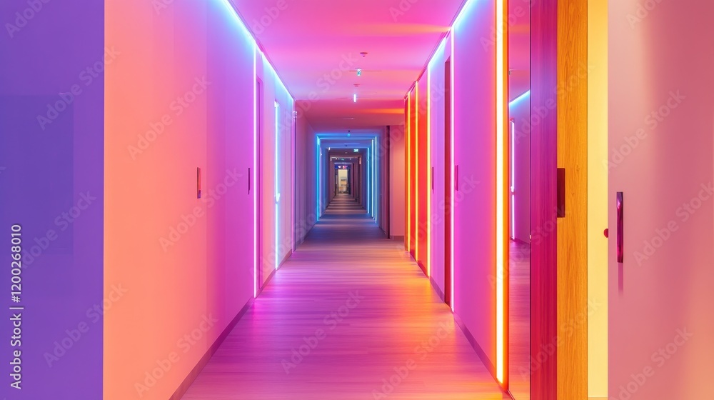 Neon-Lit Hotel Corridor: A Vibrant Passageway Neon-Lit Hotel Corridor: A Vibrant Passageway