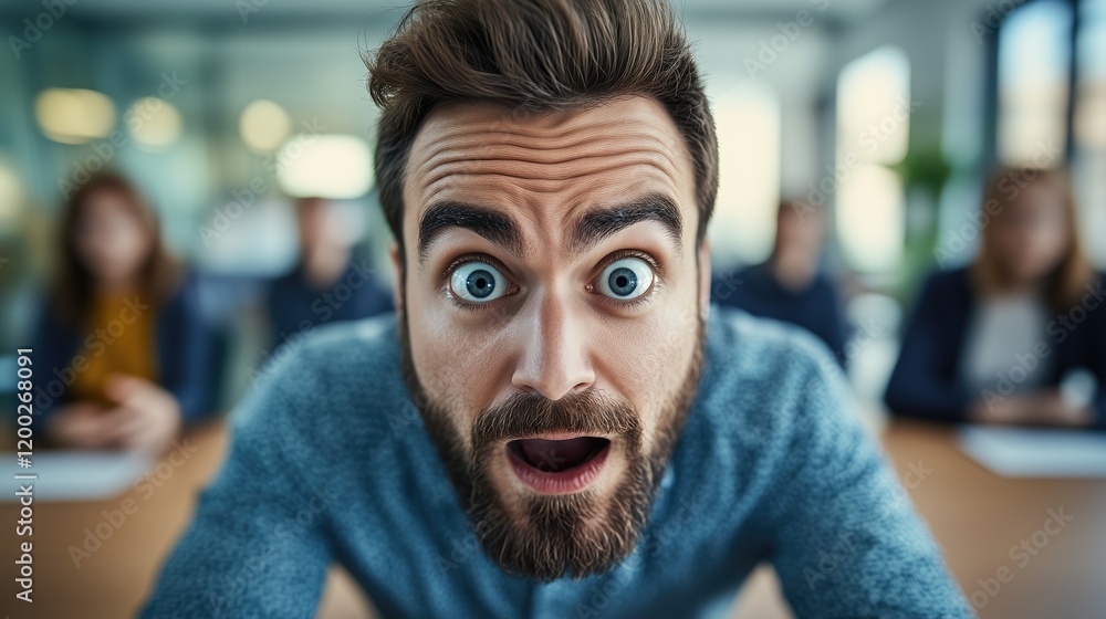 Surprised Man in Glasses Staring at Camera During Office Meeting Surprised Man in Glasses Staring at Camera During Office Meeting