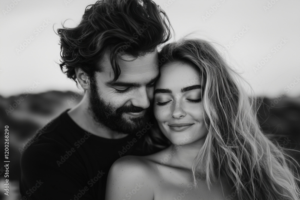 Fototapeta premium Intimate Monochrome Portrait of a Couple: A Tender Embrace in Nature's Soft Light. Evoking Love, Romance, and Connection. Perfect for Valentine's Day, Anniversary, or Wedding celebrations.