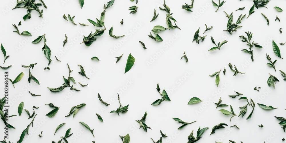 Scattered Green Tea Leaves on White Background: A Serene and Refreshing Image Scattered Green Tea Leaves on White Background: A Serene and Refreshing Image