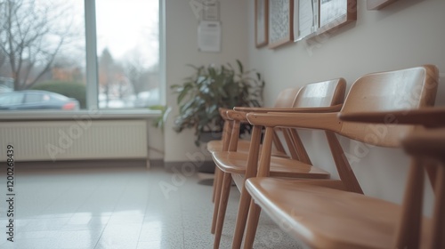 Vintage-style hospital hallway with wooden chairs and antique sconces.