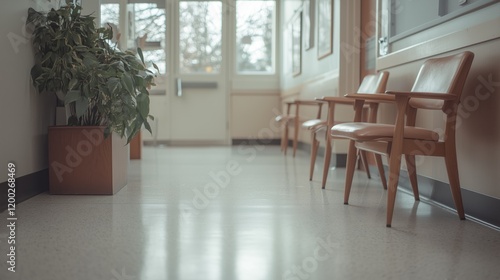 Vintage-style hospital hallway with wooden chairs and antique sconces.