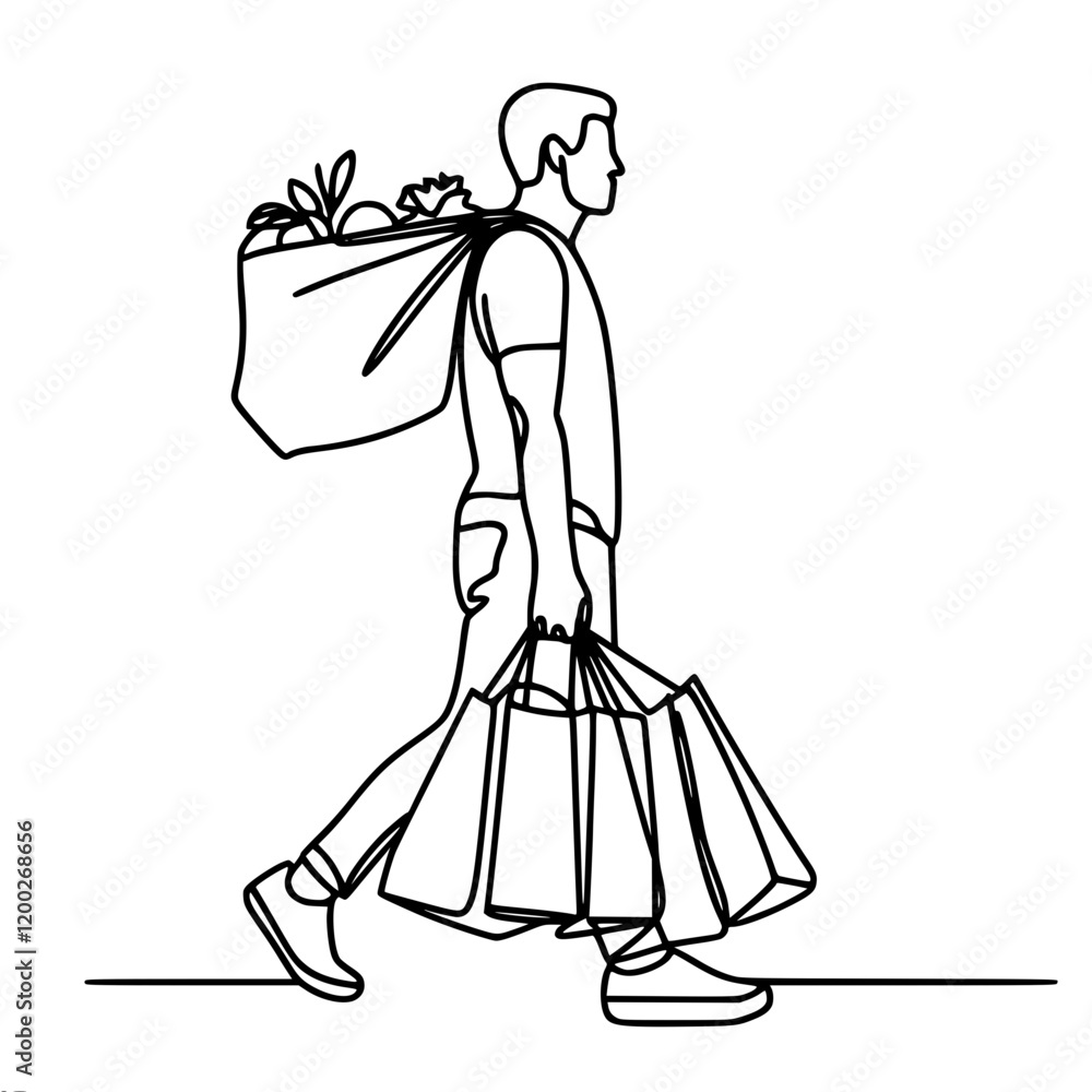 Courier hung with bags of groceries, single line vector simple contour minimalistic drawing Courier hung with bags of groceries, single line vector simple contour minimalistic drawing