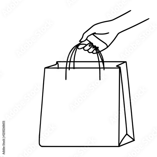 Simple illustration of a woman's hand touching a shopping bag on a white background, ideal for use as an icon or design element, single line outline vector, minimalism