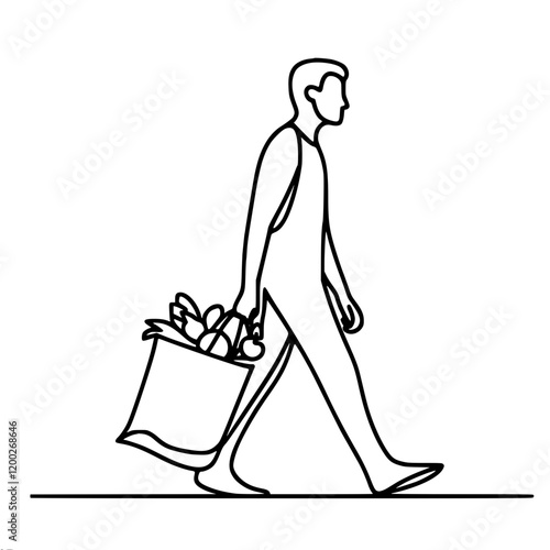 Courier with a heavy bag of groceries in his hand, single line vector simple outline minimalistic drawing