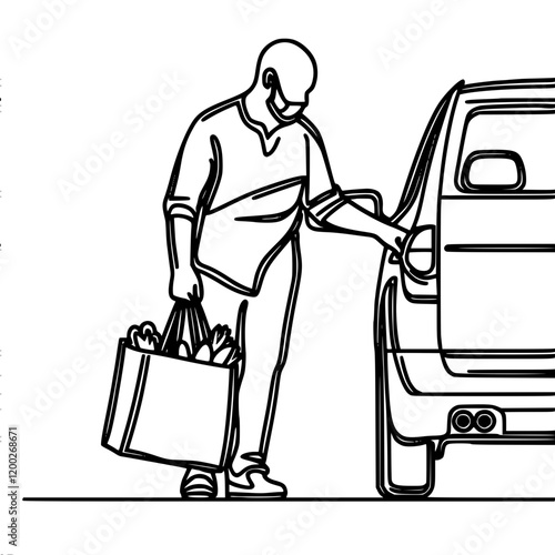 A simple vector linear minimalistic image of a man, with a heavy package in his hand, opening the back door of a car