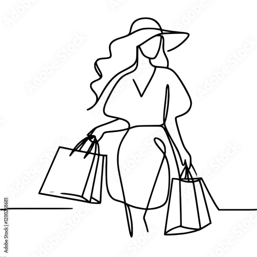 An elegant woman in a dress and a brimmed hat with fluffy hair stands with many packages in both hands. Graphic single line contour vector simple minimalistic illustration.