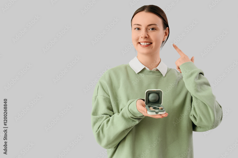 Young woman with hearing aid pointing at her ear on light background Young woman with hearing aid pointing at her ear on light background