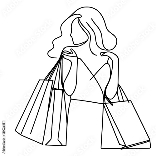 A stylish woman in a dress with fluffy hair stands with bags in both hands. Graphic single line contour vector simple minimalistic illustration.