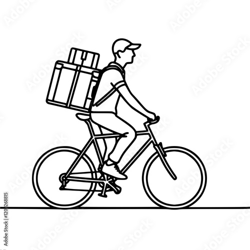 Courier on a bicycle with a box on his back, single line vector simple contour minimalistic drawing