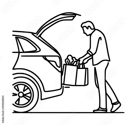 Man loading groceries into car trunk, single line vector simple outline minimalistic drawing