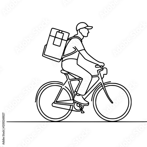 Courier on a bicycle with a backpack, single line vector simple contour minimalistic drawing