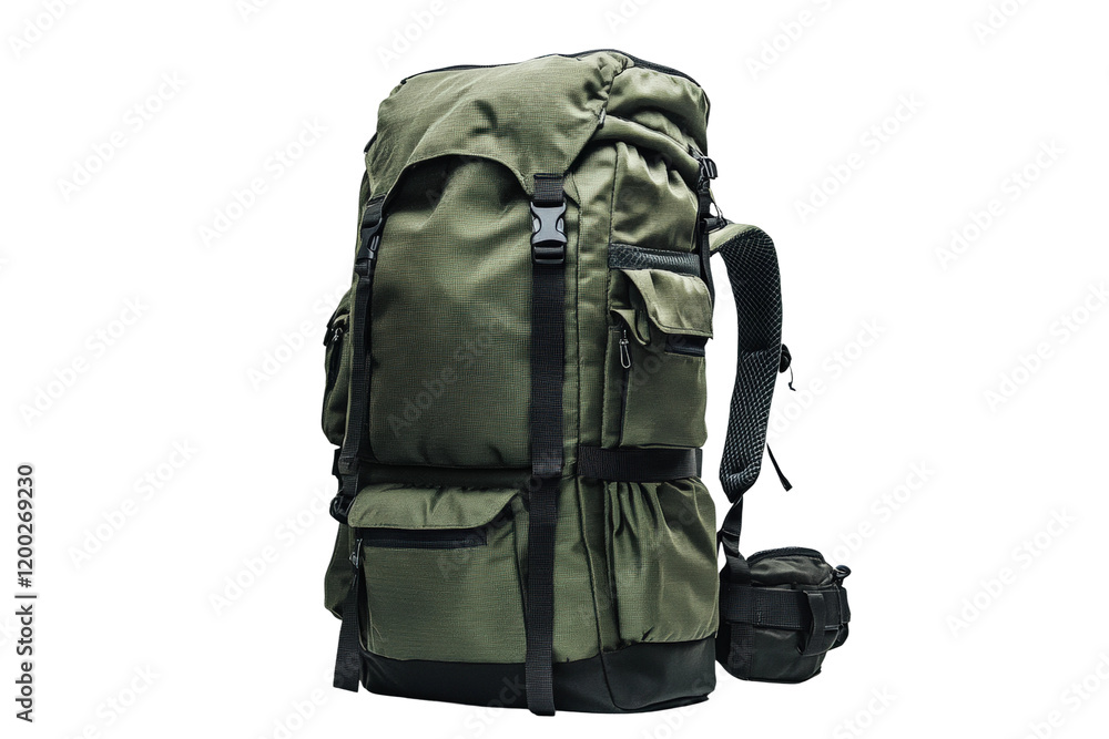 Backpack designed for outdoor adventures with multiple compartments for gear organization isolated on transparent background Backpack designed for outdoor adventures with multiple compartments for gear organization isolated on transparent background