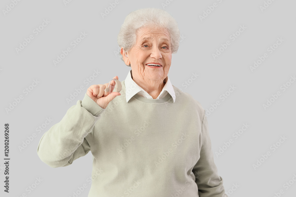 Senior woman with hearing aid on light background Senior woman with hearing aid on light background