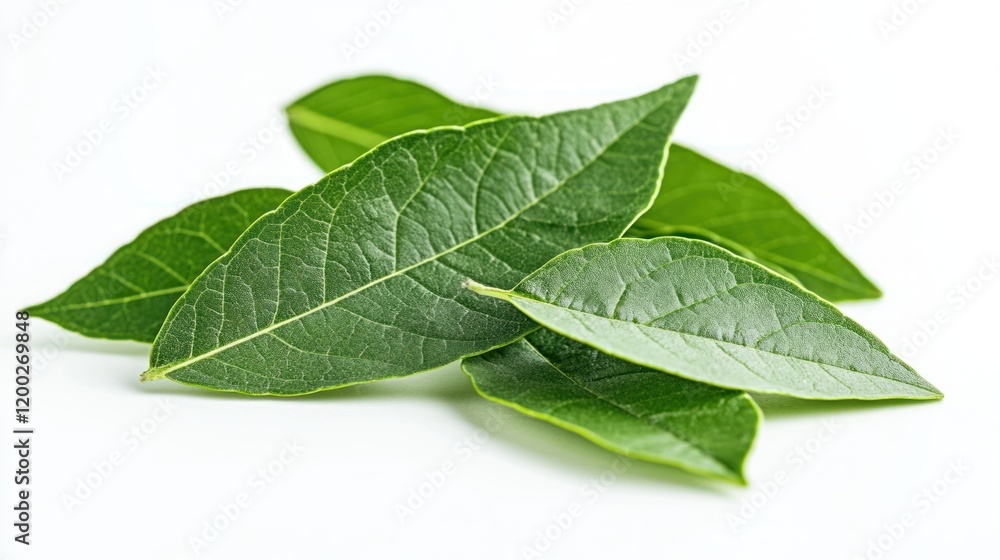 Fototapeta premium Vibrant Green Bay Leaves on White Background