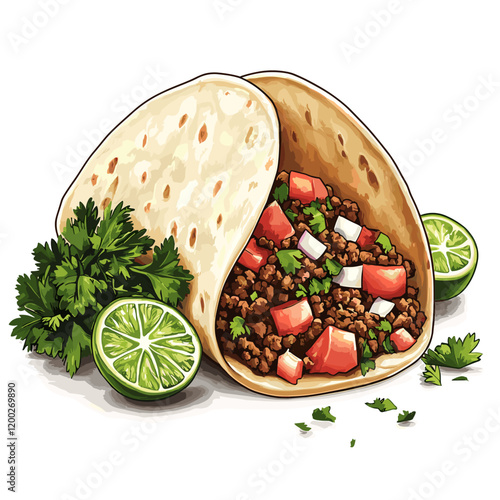 Mexican Taco with ground beef, lettuce, diced tomato onion and parsley vector food element isolated on white background