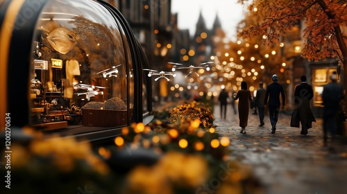 A bustling futuristic street with glowing shop displays, flying delivery drones, warm autumn colors, and a lively crowd, creating a vibrant and innovative city scene