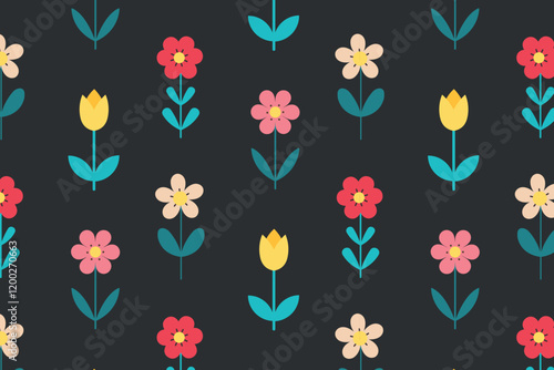 Pattern of multi-colored wildflowers. Vector illustration in flat style.