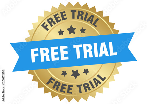 free trial. free trial round blue and gold label isolated on transparent background