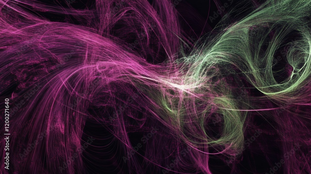 Fototapeta premium Swirling pink and green lines creating a dynamic and ethereal abstract composition on a black background