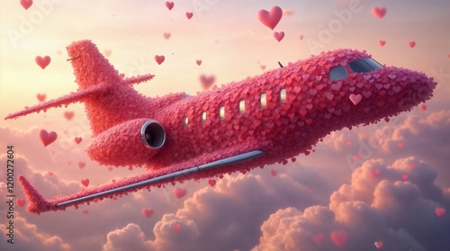 Charming red private jet with heart decorations for a romantic holiday in sky and above a clouds