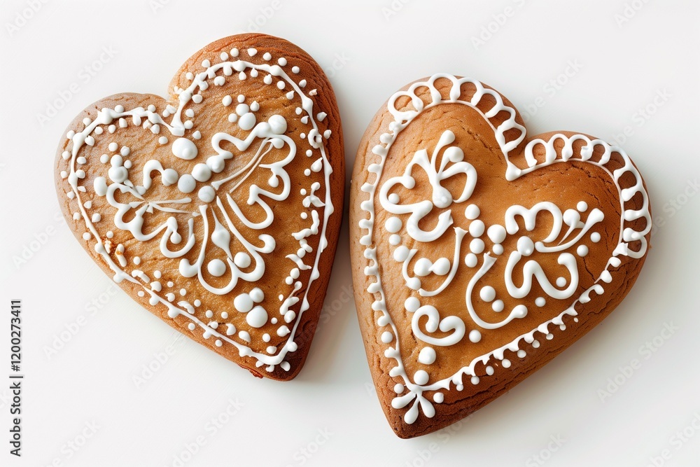 Two heart shaped gingerbread cookies decorated with icing on white background. Two heart shaped gingerbread cookies decorated with icing on white background.