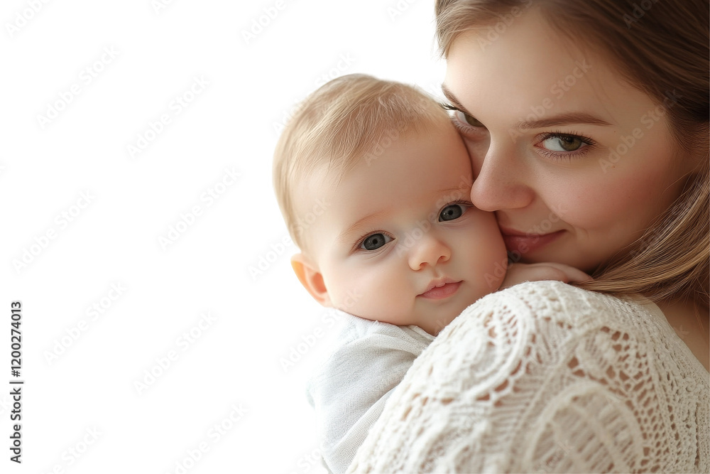Mother gently cradles her sleeping infant in a serene and loving embrace on a soft surface against a transparent white background Mother gently cradles her sleeping infant in a serene and loving embrace on a soft surface against a transparent white background