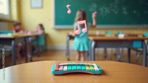 A melodica surrounded by soft, floating notes in pastel colors, set against a blurred music classroom. The light, playful notes capture the joyful atmosphere of musical education and creativity. photo