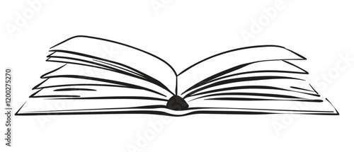 Open book hand drawn on transparent background. Vector image drawn with black lines.