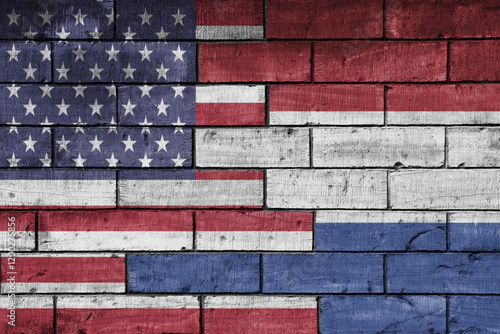 colourful painted big flag of united states of america and flag of netherlands on a massive old brick wall background. concept photo