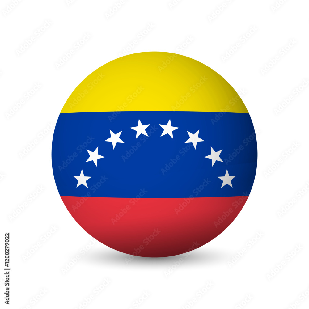 Venezuela flag - 3D sphere in colours of flag representing a country cultural identity and heritage. The essence of national pride and unity. Vector object on white background. Venezuela flag - 3D sphere in colours of flag representing a country cultural identity and heritage. The essence of national pride and unity. Vector object on white background.