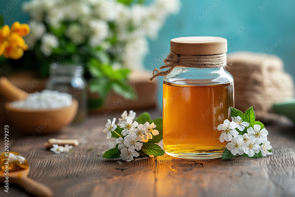 Golden Elixir of Spring: A Jar of Honey with Delicate White Blossoms on Rustic Wood, Embracing Natural Wellness and Floral Beauty Golden Elixir of Spring: A Jar of Honey with Delicate White Blossoms on Rustic Wood, Embracing Natural Wellness and Floral Beauty